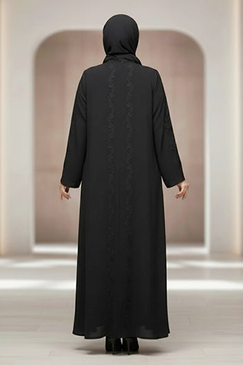 Stylish Black Embroidered Front Open Abaya for Women – V-Neck Long Sleeve Arabic Muslim Dress