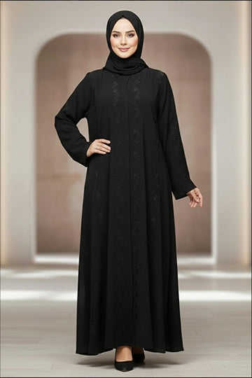 Stylish Black Embroidered Front Open Abaya for Women – V-Neck Long Sleeve Arabic Muslim Dress